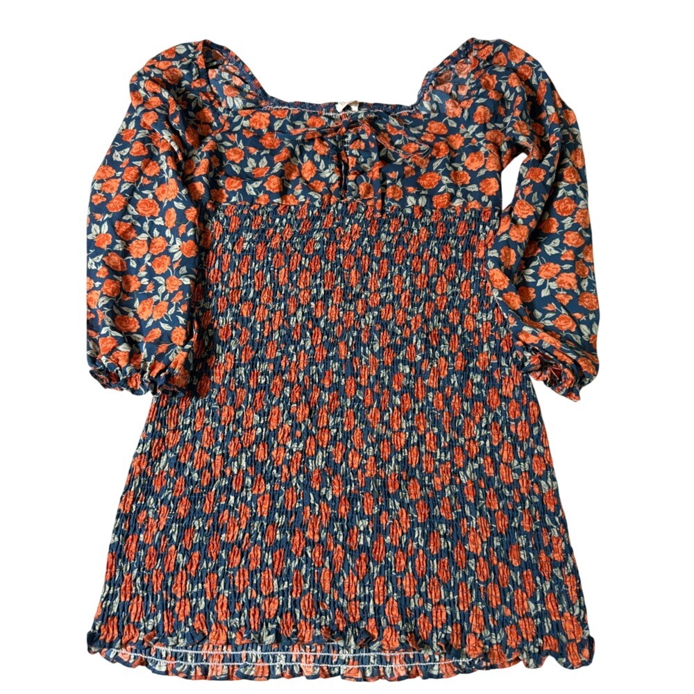 Blush Floral Smocked Dress Blue Orange Puff Sleeve Boho Women's L